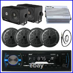 4 Black 100W Boat Speakers, 3.5 Speakers, 400W Amp, Antenna, Bluetooth USB Radio