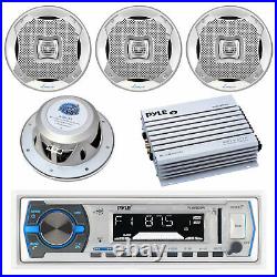 6.5 Silver Marine Speakers, Pyle 1DIN Bluetooth USB AUX Marine Radio, Amplifier