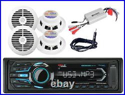 Antenna, Amplifier, 4 White 6.5 Speakers&Boss USB Bluetooth iPod AUX Boat Radio