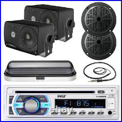 Black 6.5 Boat Speakers, 3.5Box Speakers, Cover, Antenna, Pyle Bluetooth USB Radio