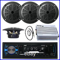 Black 6.5 Marine Speakers, Pyle 200W USB AM FM Radio, Antenna, 400W Amplifier