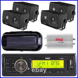 Boat Yacht Radio Player AUX Input withRemote & 4 Black Box Speakers Amp & Cover