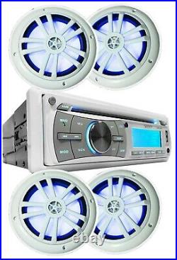 Gravity Marine Boat CD/AM/FM Receiver +4x Gravity 6.5 Marine Speakers White/LED