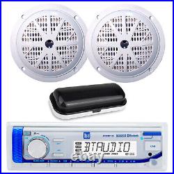 In-Dash Marine Bluetooth Receiver, Cover, 2x 5.25'' 100W Boat White Speakers