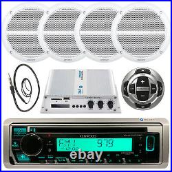 Kenwood Boat CD MP3 Radio, Antenna, Wired Remote, 4x 6.5 White Speakers + Amp