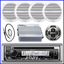 Kenwood Boat CD Player Radio, Antenna, Wired Remote, 4x 6.5 White Speakers, Amp