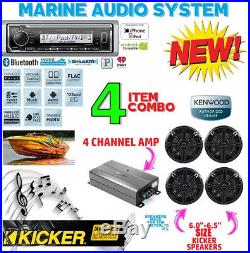 Kenwood Marine Boat Bt Kmr-m322bt Radio + 4 X Kicker Marine Speakers + 600w Amp
