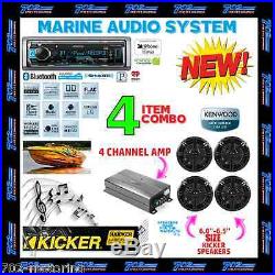Kenwood Marine Boat Bt Kmr-m322bt Radio + 4 X Kicker Marine Speakers + 600w Amp