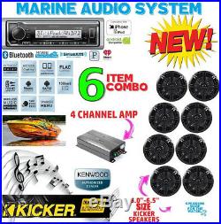 Kenwood Marine Boat Bt Kmr-m322bt Radio + 8 X Kicker Marine Speakers + 600w Amp