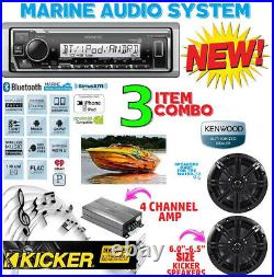 Kenwood Marine Boat Bt Kmr-m325bt Radio + 2 X Kicker Marine Speakers + 600w Amp