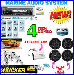 Kenwood Marine Boat Bt Kmr-m325bt Radio + 4 X Kicker Marine Speakers + 400w Amp