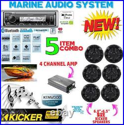 Kenwood Marine Boat Bt Kmr-m325bt Radio + 6 X Kicker Marine Speakers + 600w Amp