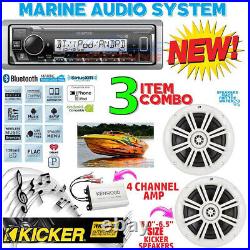 Kenwood Marine Boat Bt Usb Aux Mp3 Radio + 2 X Kicker Marine Speakers + 400w Amp