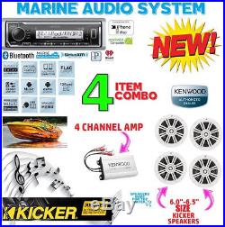 Kenwood Marine Boat Bt Usb Aux Mp3 Radio + 4 X Kicker Marine Speakers + 400w Amp