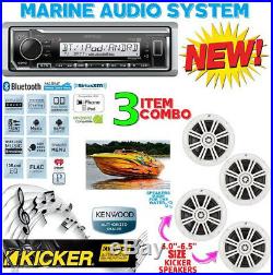 Kenwood Marine Boat Kmr-325bt Radio + (2) Pairs Kicker Marine Bkm604w 6.5' Km604