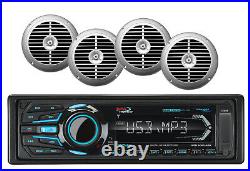 MR1308UABK Marine Bluetooth USB iPod Aux AM FM Radio 4 Silver 6.5 Boat Speakers