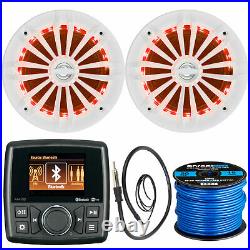 Marine Audio MA112 Receiver, 2x 6.5 180W White Boat LED Speakers, Wire, Antenna