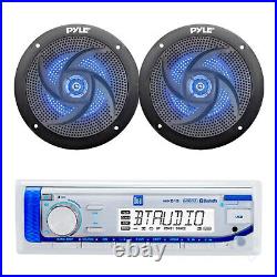 Marine Bluetooth AM/FM Radio, 2x 5.25 180W Blue Flash LED Boat Speakers (Black)