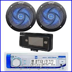 Marine Bluetooth Radio, 2x 4 100W Blue Flash LED Boat Speakers, Cover (Black)