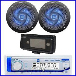 Marine Bluetooth Radio, 2x 5.25 180W Blue Flash LED Boat Speaker, Cover (Black)