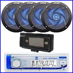 Marine Bluetooth Radio, 4x 4 100W Blue Flash LED Boat Speakers, Cover (Black)