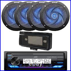 Marine Bluetooth Radio, 4x 5.25 180W Blue Flash LED Boat Speaker, Cover (Black)