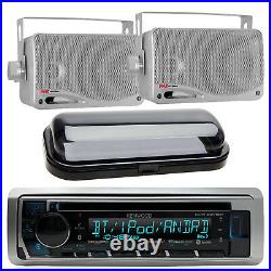 New Boat Radio KMR-D375 CD Radio AUX with Pair of Silver Box Speakers, SplashCover