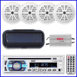 PLCD43MRB Marine Boat AM/FM Radio/ Bluetooth /Cover + 800W Amp 4 White Speakers