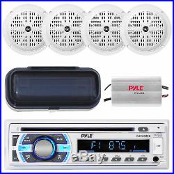 PLCD43MRB Marine Boat AM/FM Radio/Bluetooth/Cover + Amplifier 4 White Speakers