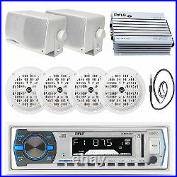 PLMRB29W White Bluetooth Boat USB Radio, Antenna, Amp, 3.5 Box and 5.25 Speakers