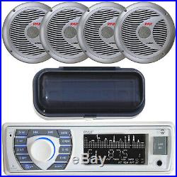 PLRMR23BTW Marine Boat Radio Player With Cover, 4x Silver 6.5 Boat Speakers, Cover