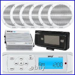Pyle 1DIN Boat Yacht Bluetooth Radio + 6x 6.5 White Speakers, 400W Amp, Cover