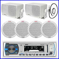 Pyle 400W 6.5 Speakers, Antenna, White Boat Bluetooth USB Radio, 3.5 Box Speakers