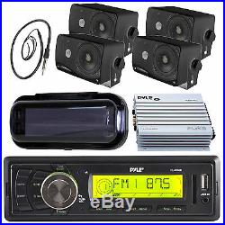 Pyle In Dash Boat Marine MP3 USB Receiver With 4 Box Speakers Amp & Radio Cover