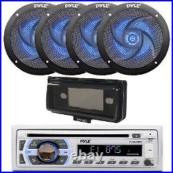 Pyle Marine CD Radio, 4x 5.25 180W Blue Flash LED Boat Speaker, Cover (Black)