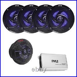 Pyle Marine Wireless Receiver, Amp, 4x 8'' 320W Blue Flashing LED Boat Speakers