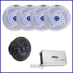 Pyle Marine Wireless Receiver, Amp, 4x 8'' Blue Flash LED Boat White Speakers