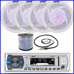 Pyle PLMRB29W Boat Receiver, 4 x 5.25'' Blue LED Speakers with Wire, Radio Antenna