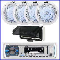 Pyle Single DIN Marine Bluetooth Radio withCover, 4x 6.5 240W Blue LED Speakers