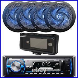 Pyle Single DIN Marine Bluetooth Receiver withCover, 4x 4 100W Blue LED Speakers