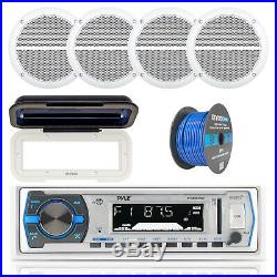 Pyle USB Bluetooth Marine Boat Radio, Radio Cover, 4x 6.5 Speakers, 50FT Wire
