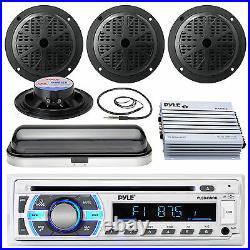 Pyle USB SD Bluetooth Boat Radio, 400W Amp, Cover, Antenna, 5.25Marine Speakers